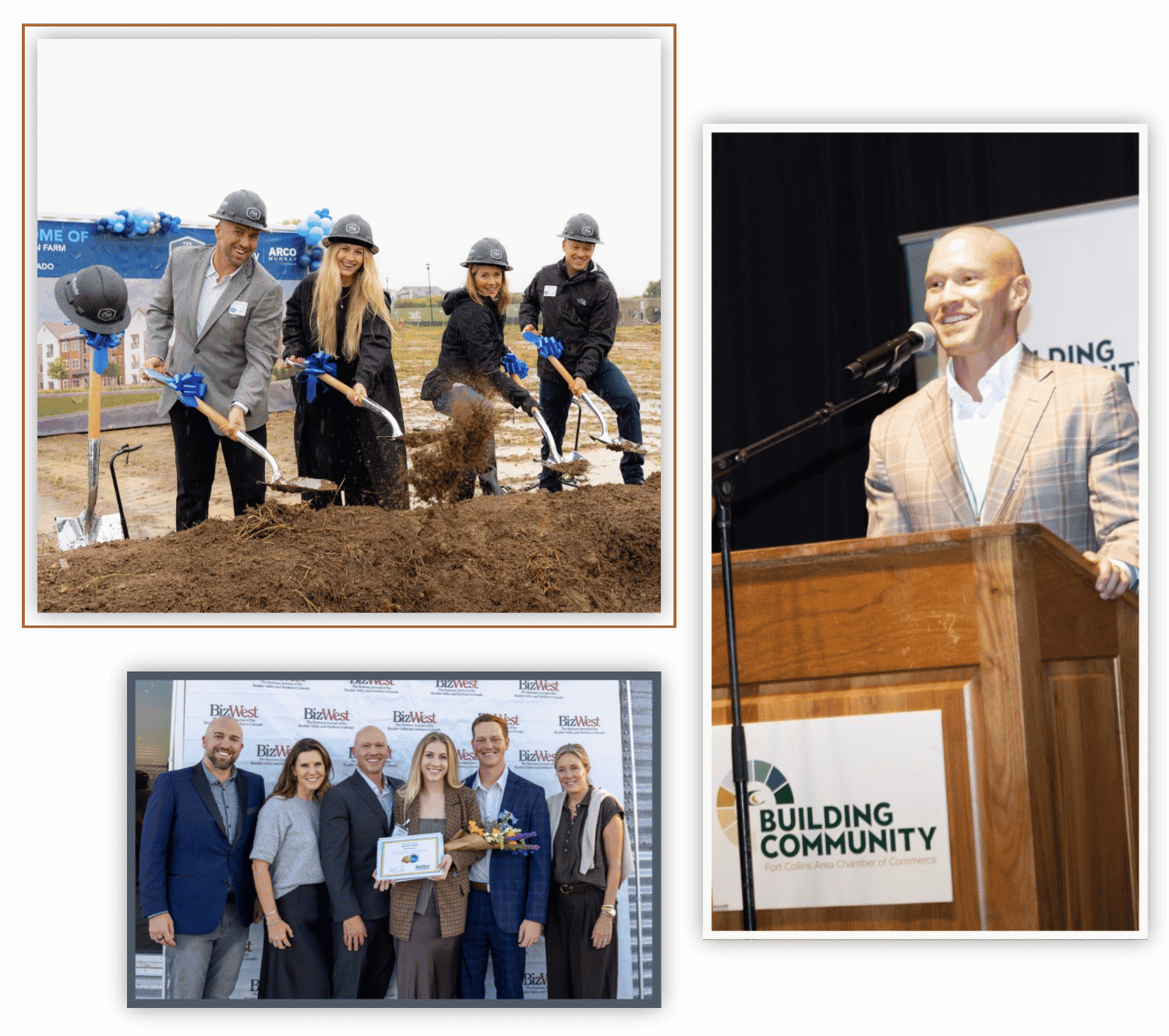 3 Part Hero Image V2 Three images: a groundbreaking ceremony with five people and shovels, a speaker at a podium labeled “Building Community,” and a group posing with a certificate and trophy at an award event.